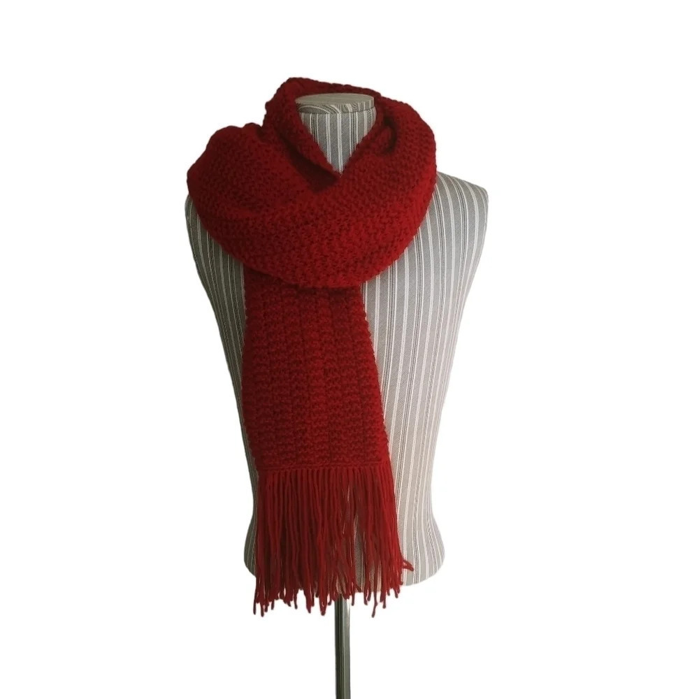 Handmade Knitted Scarf/Shawl/Wrap Wine Red Soft Yarn Fringe